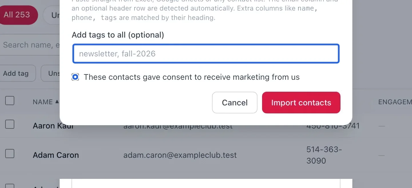 Screenshot: Review tags and consent. The blue outlines identify the controls described in this step.