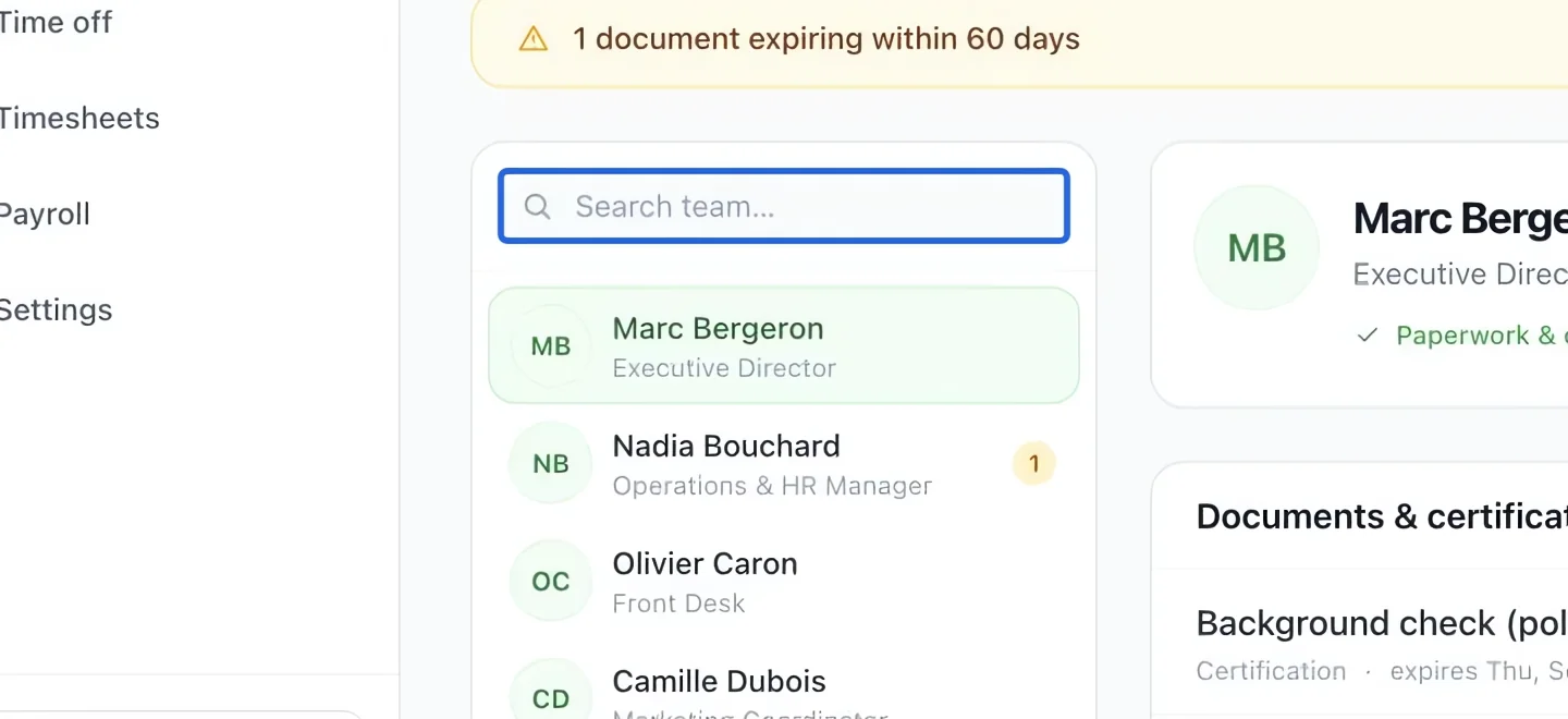 Screenshot: Select the employee. The blue outlines identify the controls described in this step.