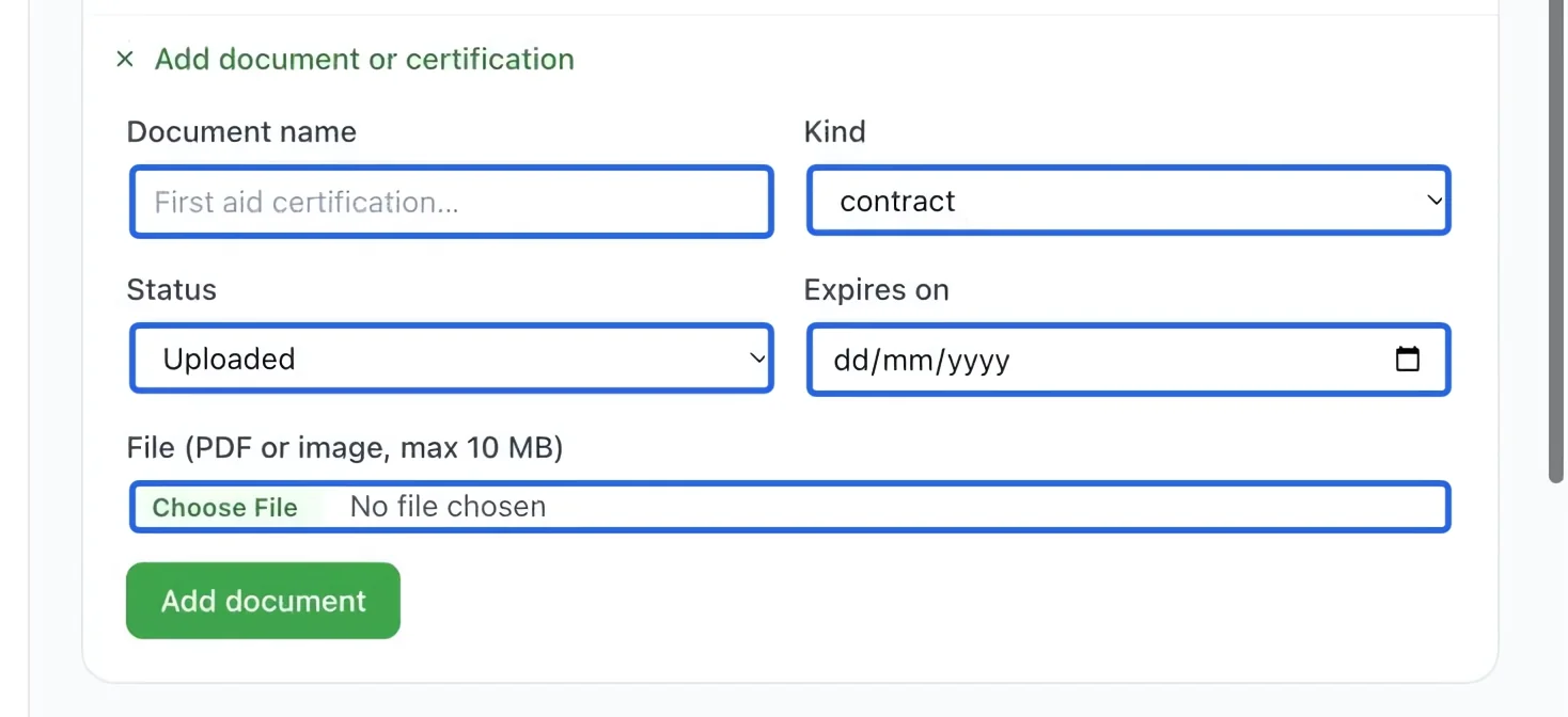 Screenshot: Add a document or certification. The blue outlines identify the controls described in this step.