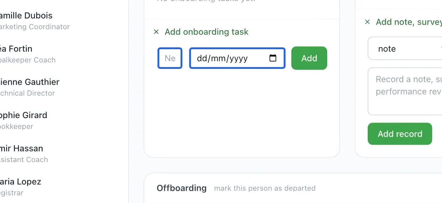 Screenshot: Add an onboarding task. The blue outlines identify the controls described in this step.