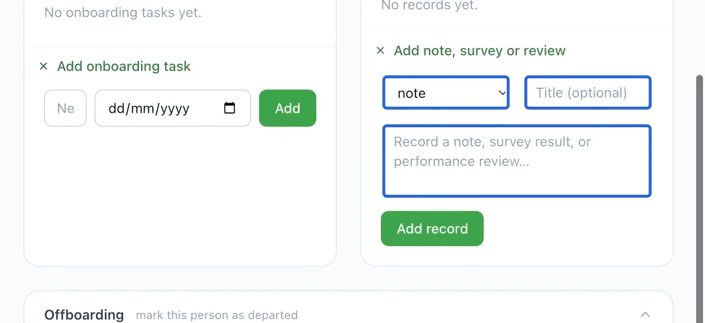 Screenshot: Record a private HR note. The blue outlines identify the controls described in this step.