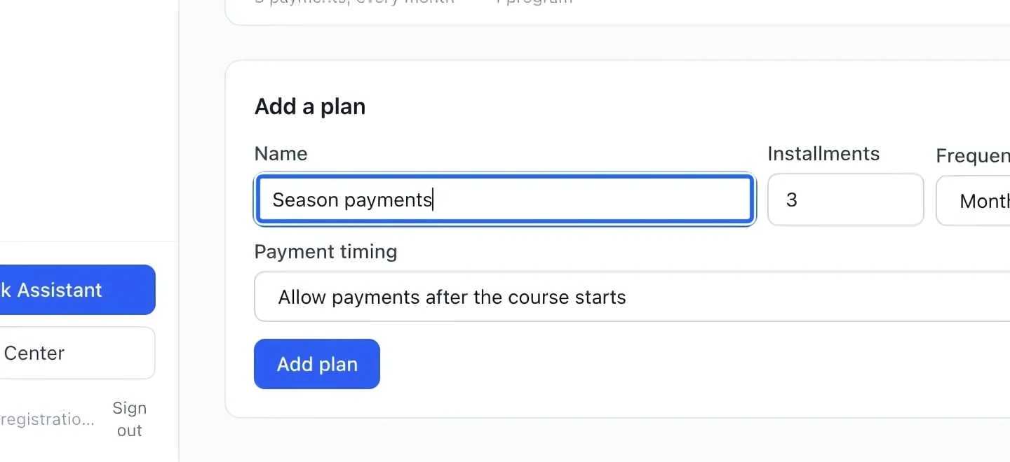 Screenshot: Name a payment plan. The blue outlines identify the controls described in this step.
