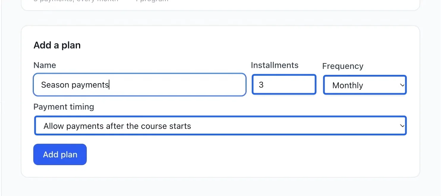Screenshot: Set the payment schedule. The blue outlines identify the controls described in this step.