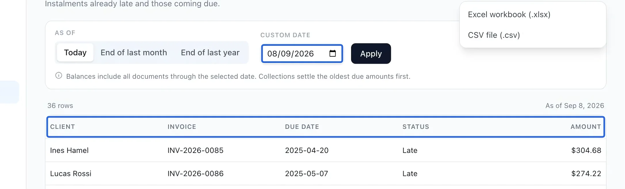 Screenshot: Monitor the remaining instalments. The blue outlines identify the controls described in this step.