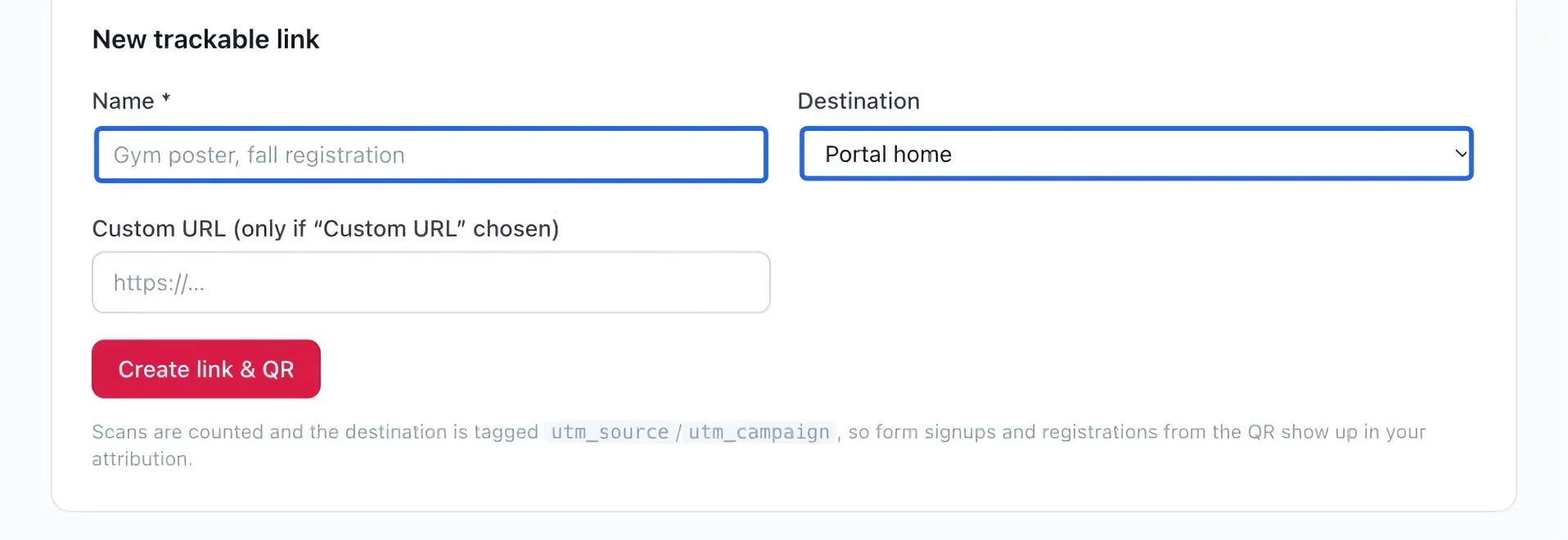 Screenshot: Prepare a trackable QR link. The blue outlines identify the controls described in this step.