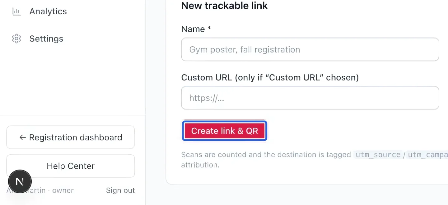 Screenshot: Create and test the QR code. The blue outlines identify the controls described in this step.