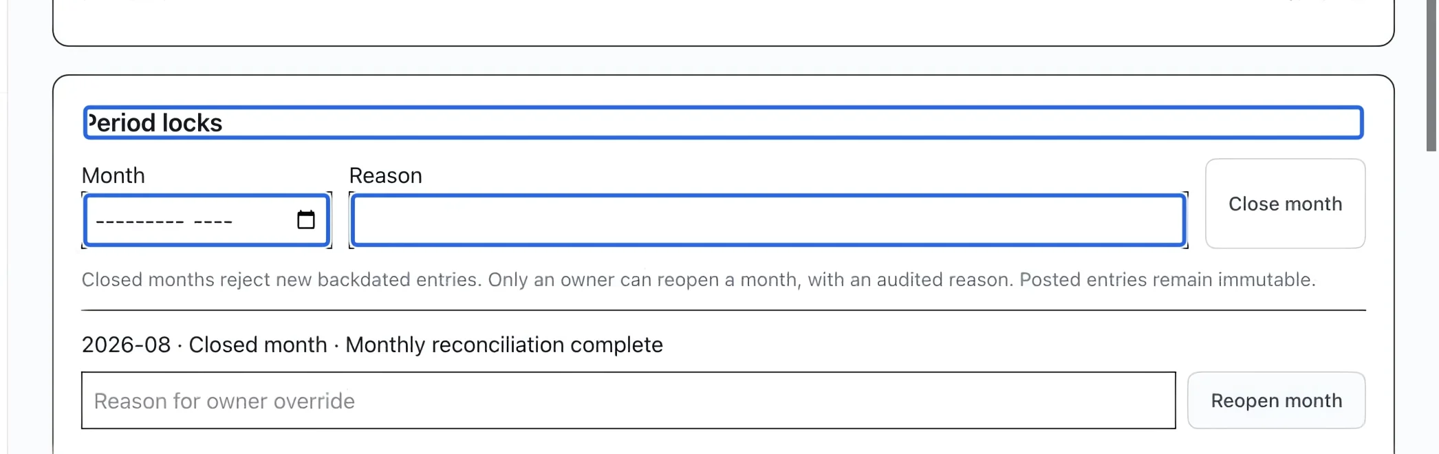 Screenshot: Choose the month and reason. The blue outlines identify the controls described in this step.
