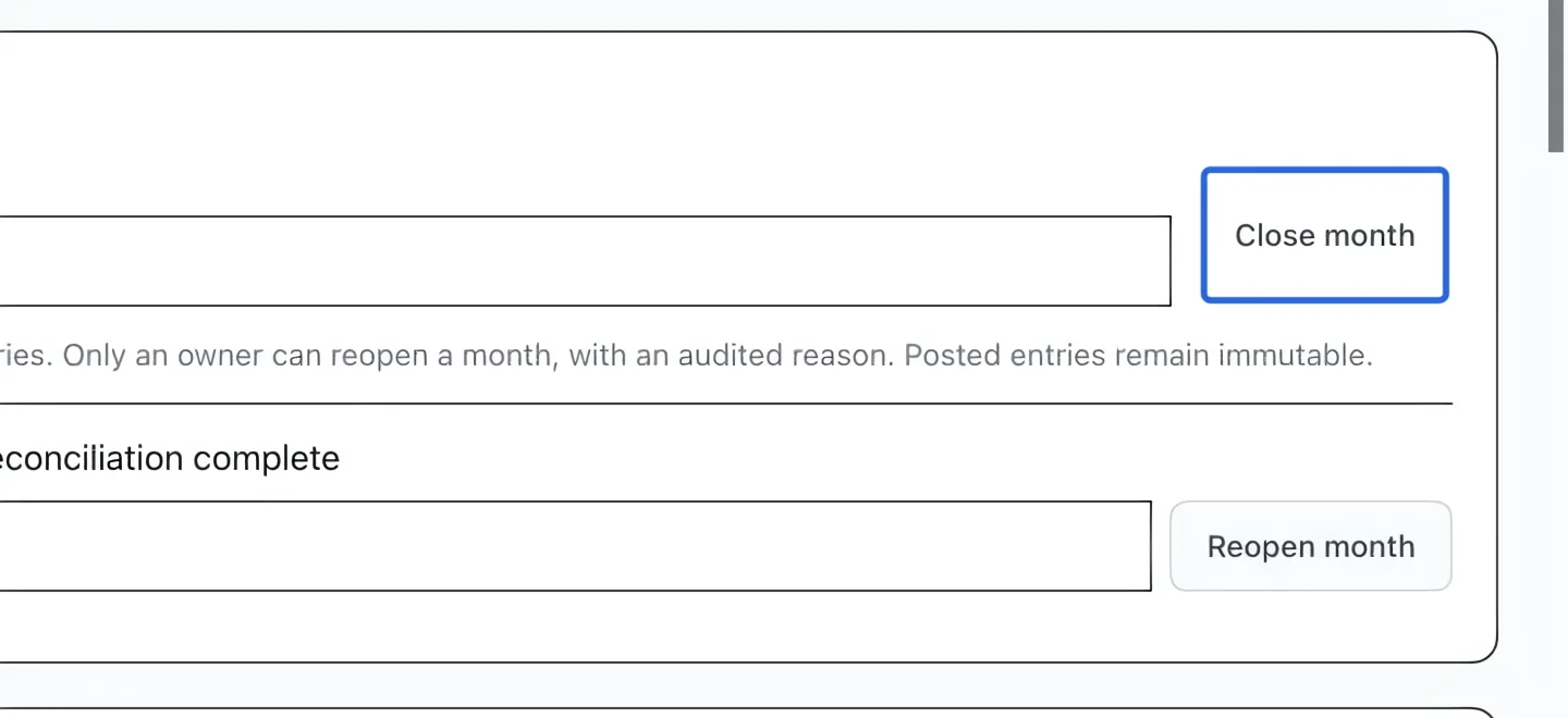 Screenshot: Close the month. The blue outlines identify the controls described in this step.