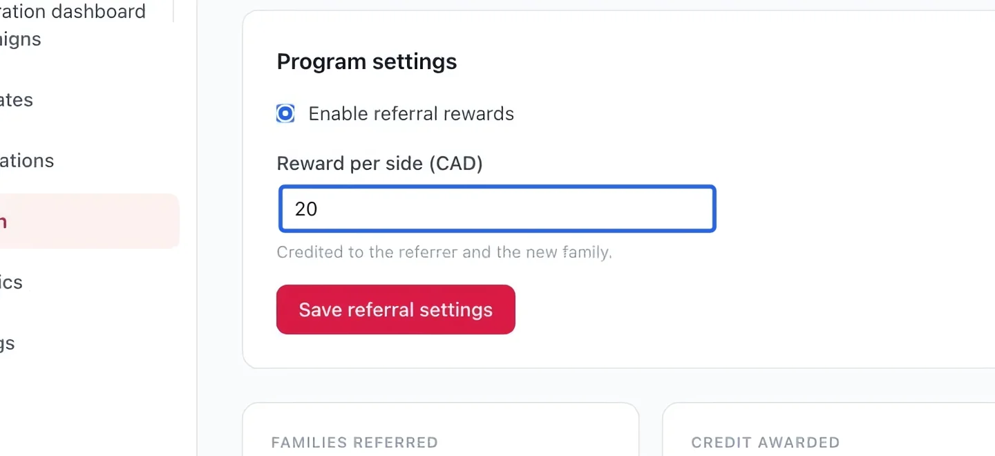 Screenshot: Configure referrals. The blue outlines identify the controls described in this step.