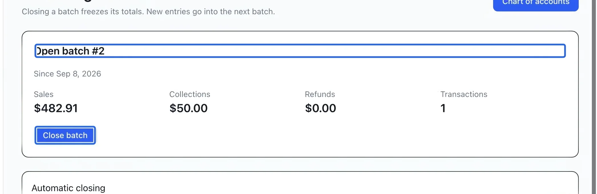 Screenshot: Review and close the open batch. The blue outlines identify the controls described in this step.