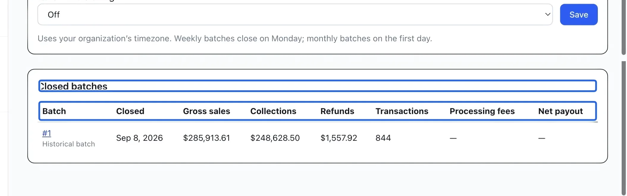 Screenshot: Inspect a closed batch. The blue outlines identify the controls described in this step.