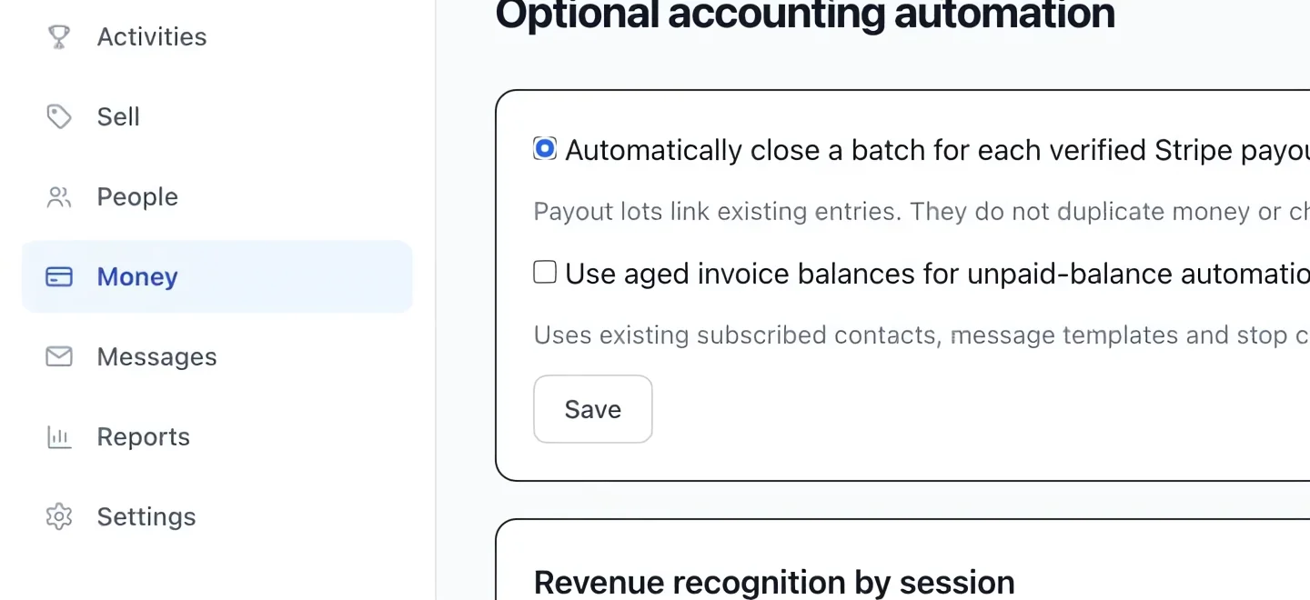 Screenshot: Enable verified Stripe payout lots. The blue outlines identify the controls described in this step.