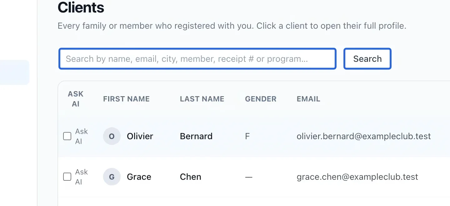Screenshot: Find an existing client. The blue outlines identify the controls described in this step.