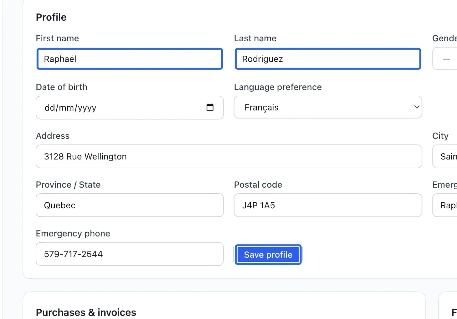 Screenshot: Review and save profile details. The blue outlines identify the controls described in this step.