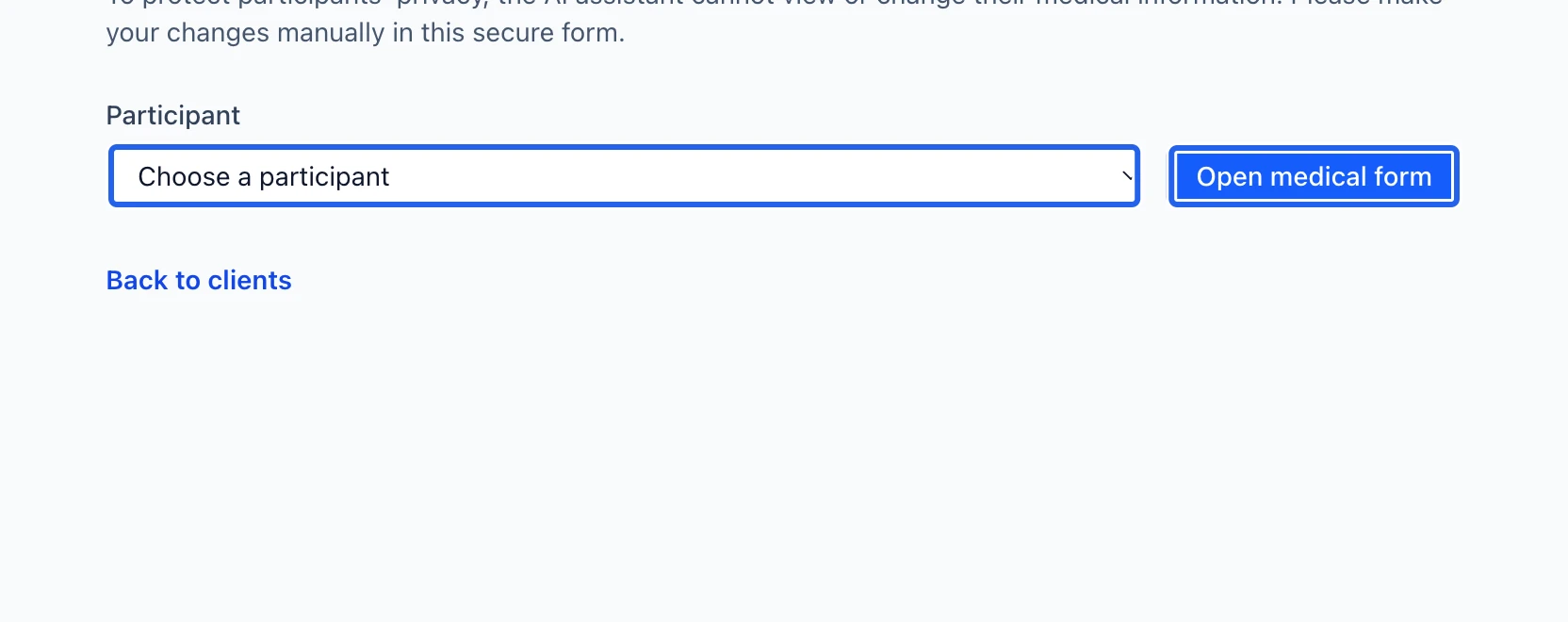 Screenshot: Select the participant in the secure form. The blue outlines identify the controls described in this step.