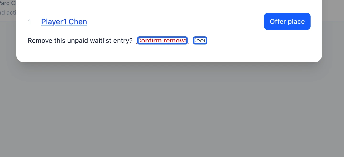 Screenshot: Remove an unpaid entry deliberately. The blue outlines identify the controls described in this step.