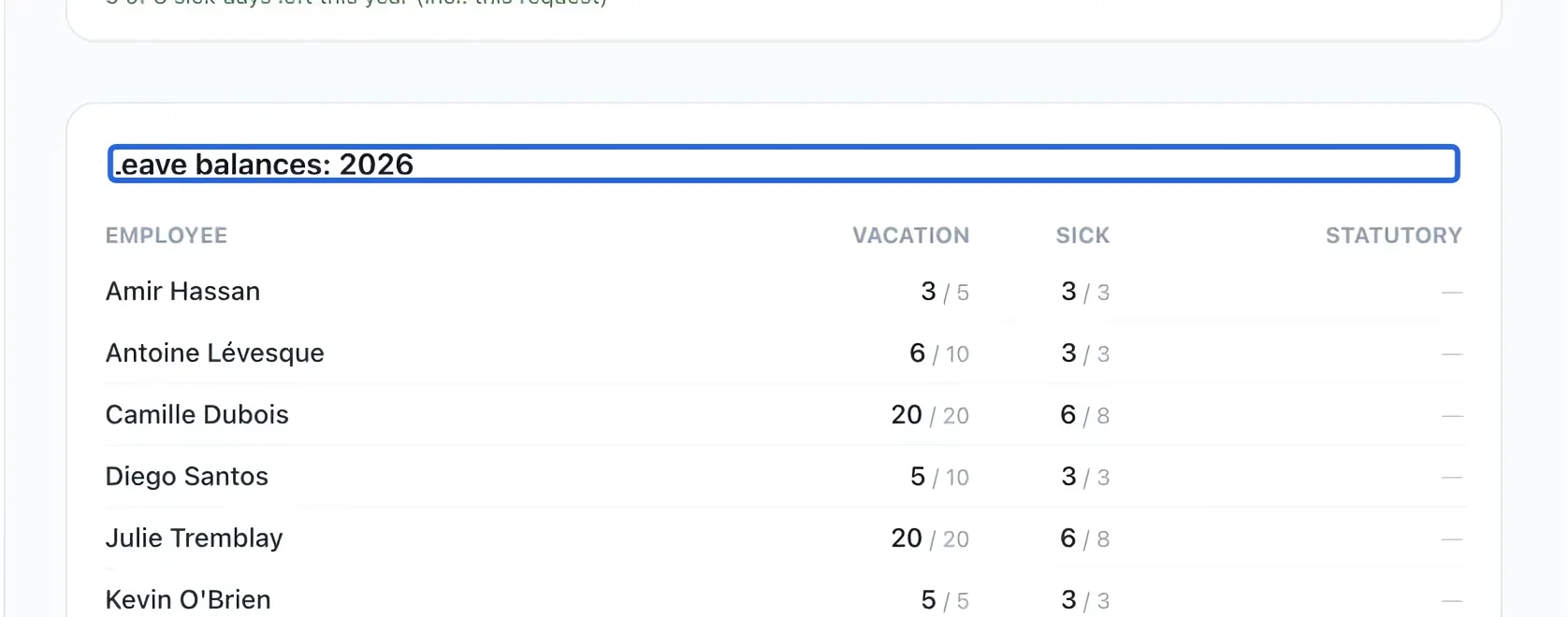 Screenshot: Check the leave balance. The blue outlines identify the controls described in this step.