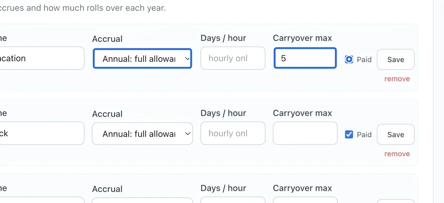 Screenshot: Configure leave rules when needed. The blue outlines identify the controls described in this step.
