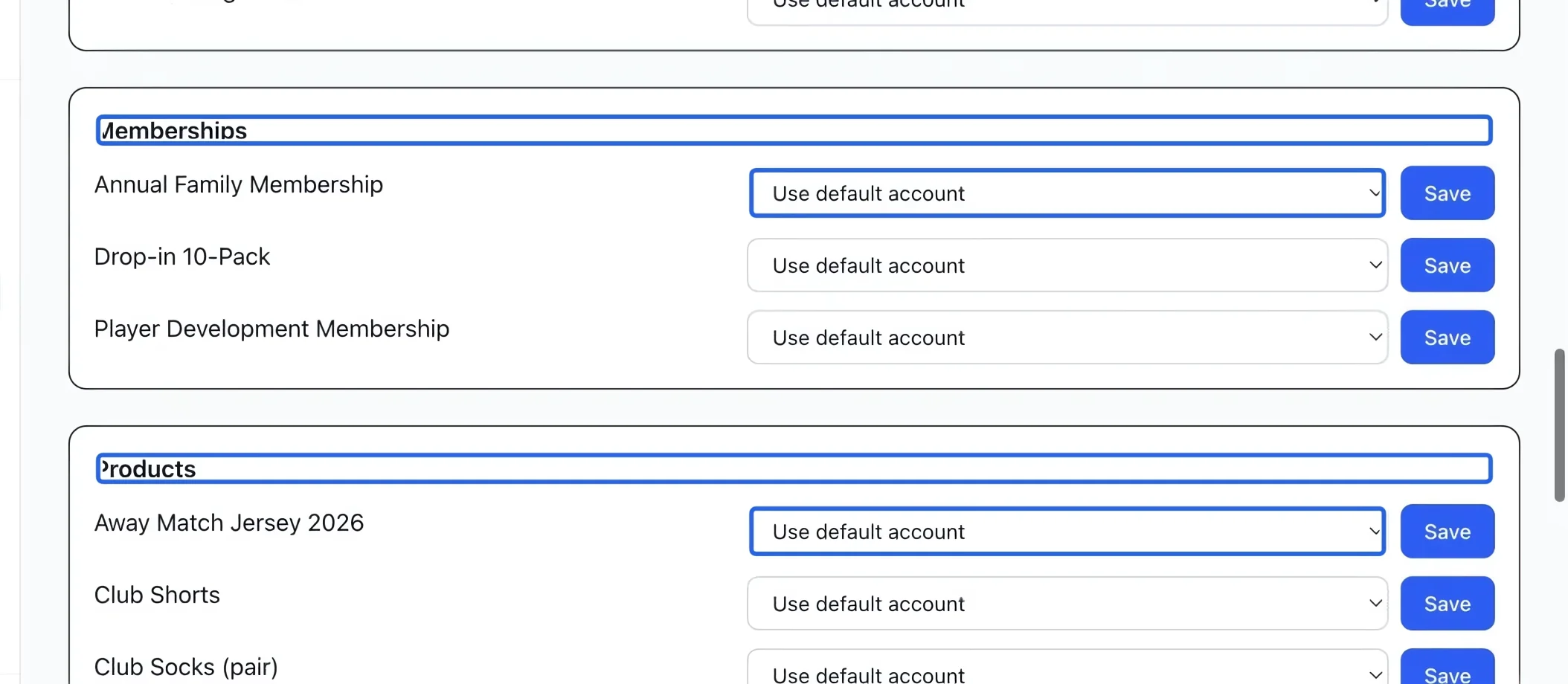 Screenshot: Map memberships and products. The blue outlines identify the controls described in this step.