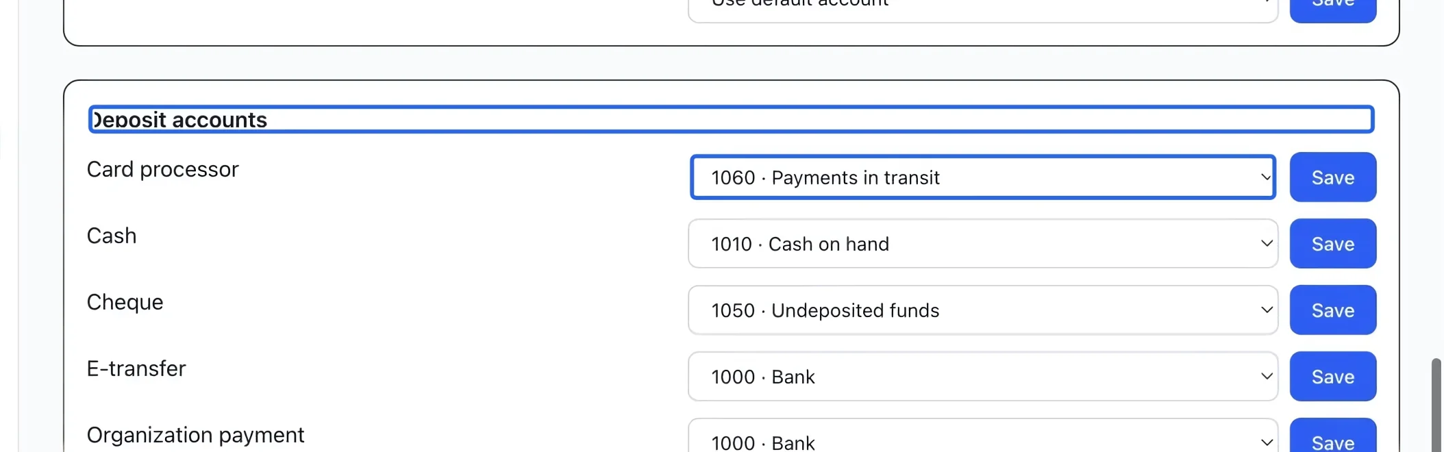 Screenshot: Map each payment method. The blue outlines identify the controls described in this step.