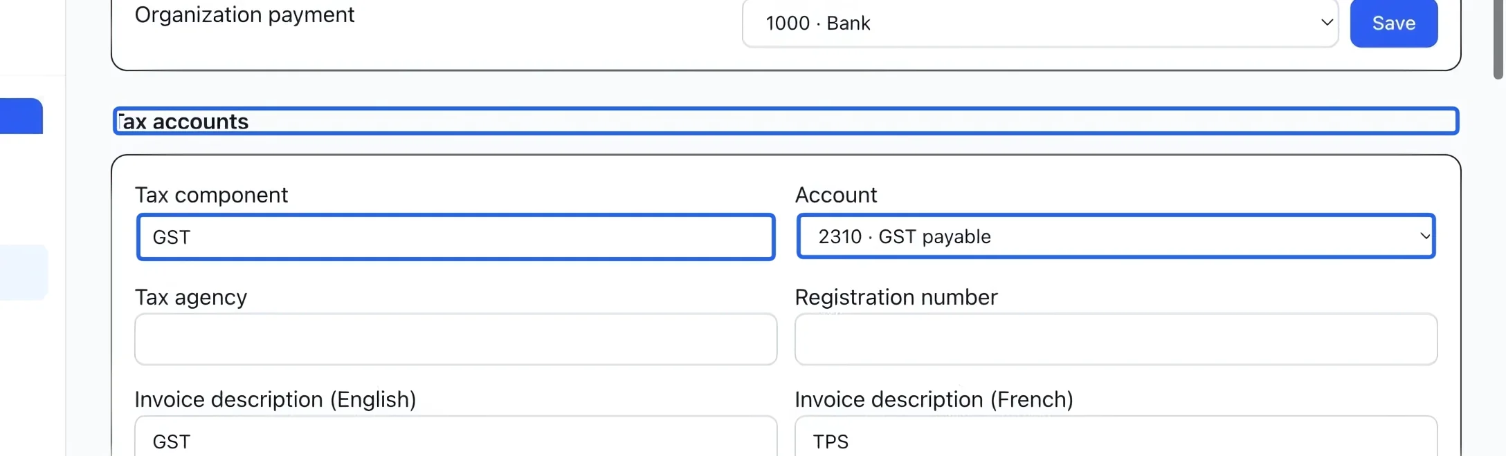 Screenshot: Choose the tax component and account. The blue outlines identify the controls described in this step.