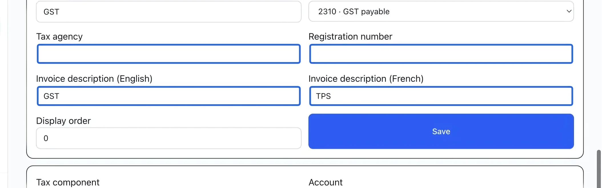 Screenshot: Enter the invoice details. The blue outlines identify the controls described in this step.
