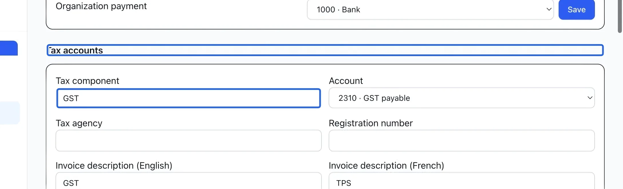 Screenshot: Connect taxes to accounting. The blue outlines identify the controls described in this step.