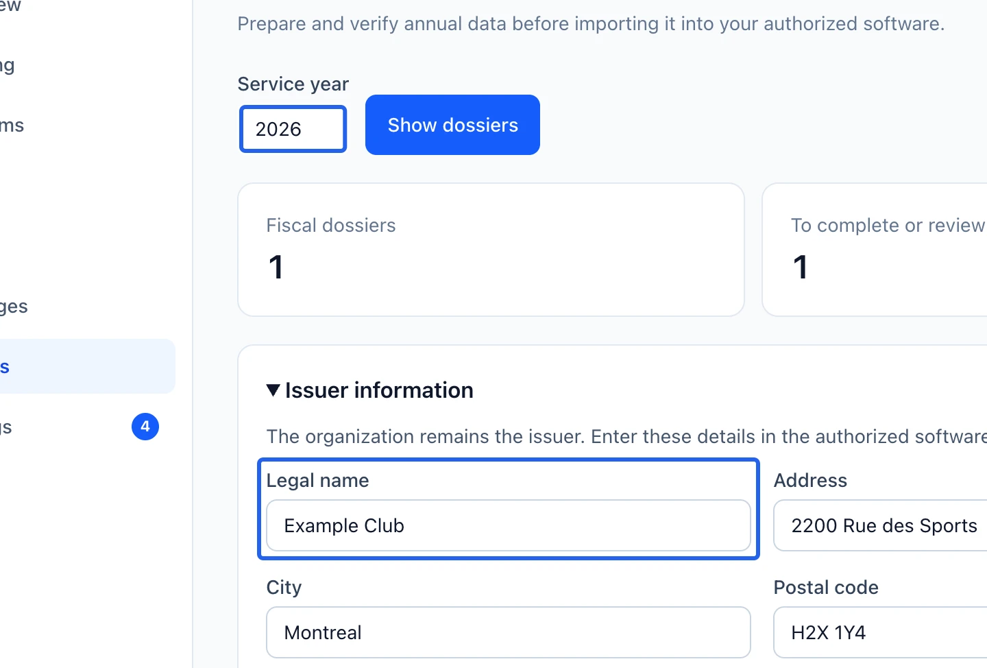 Screenshot: Select the service year and issuer. The blue outlines identify the controls described in this step.