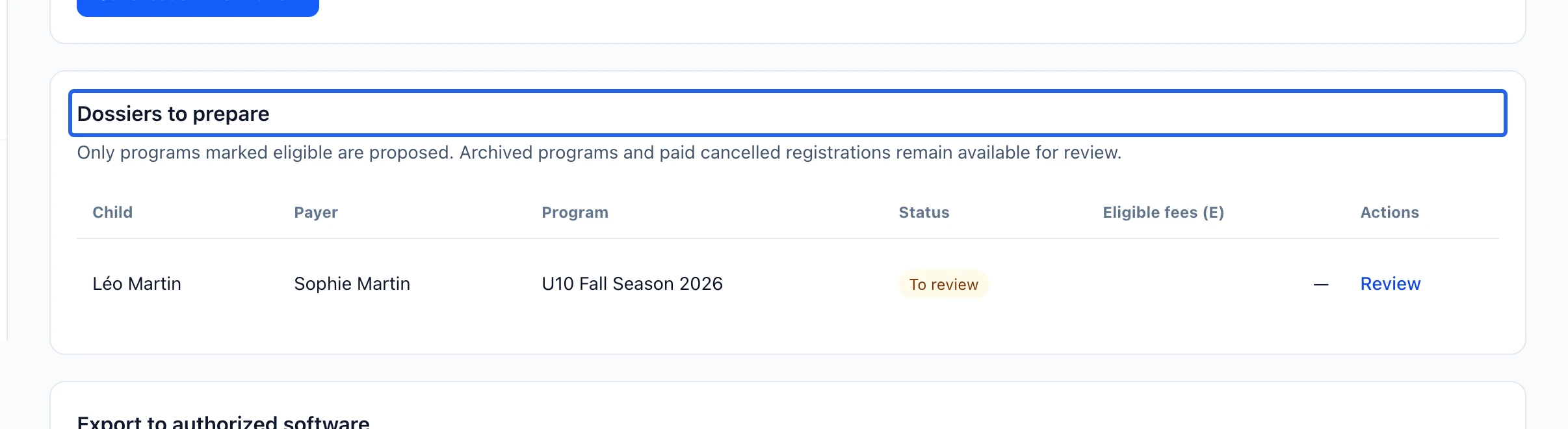 Screenshot: Review every eligible registration. The blue outlines identify the controls described in this step.