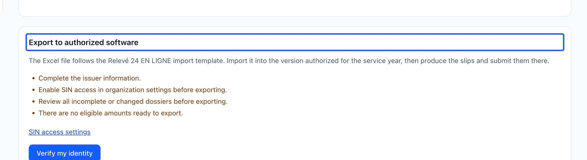 Screenshot: Export after identity verification. The blue outlines identify the controls described in this step.