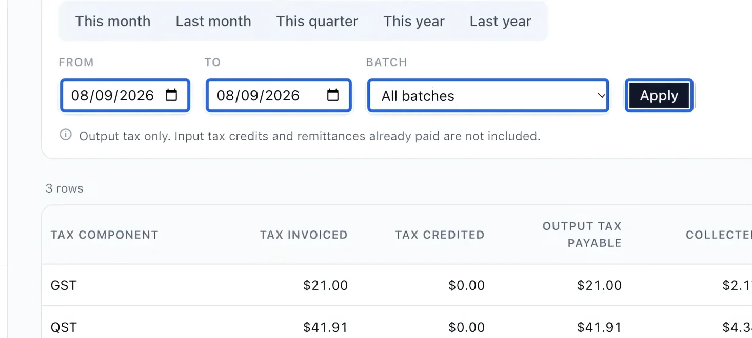 Screenshot: Choose the report period. The blue outlines identify the controls described in this step.