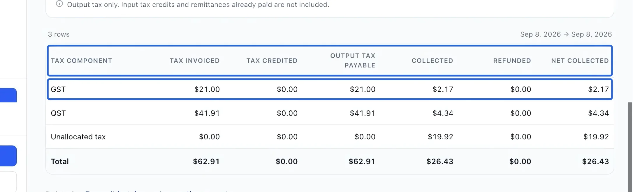 Screenshot: Compare invoice tax with collected tax. The blue outlines identify the controls described in this step.