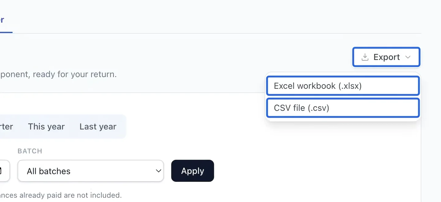 Screenshot: Export the filtered report. The blue outlines identify the controls described in this step.