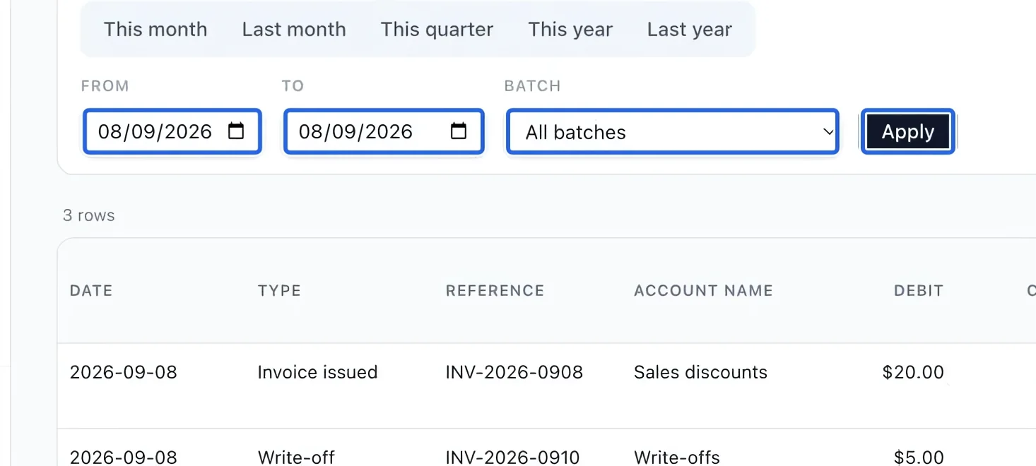 Screenshot: Choose the report period. The blue outlines identify the controls described in this step.
