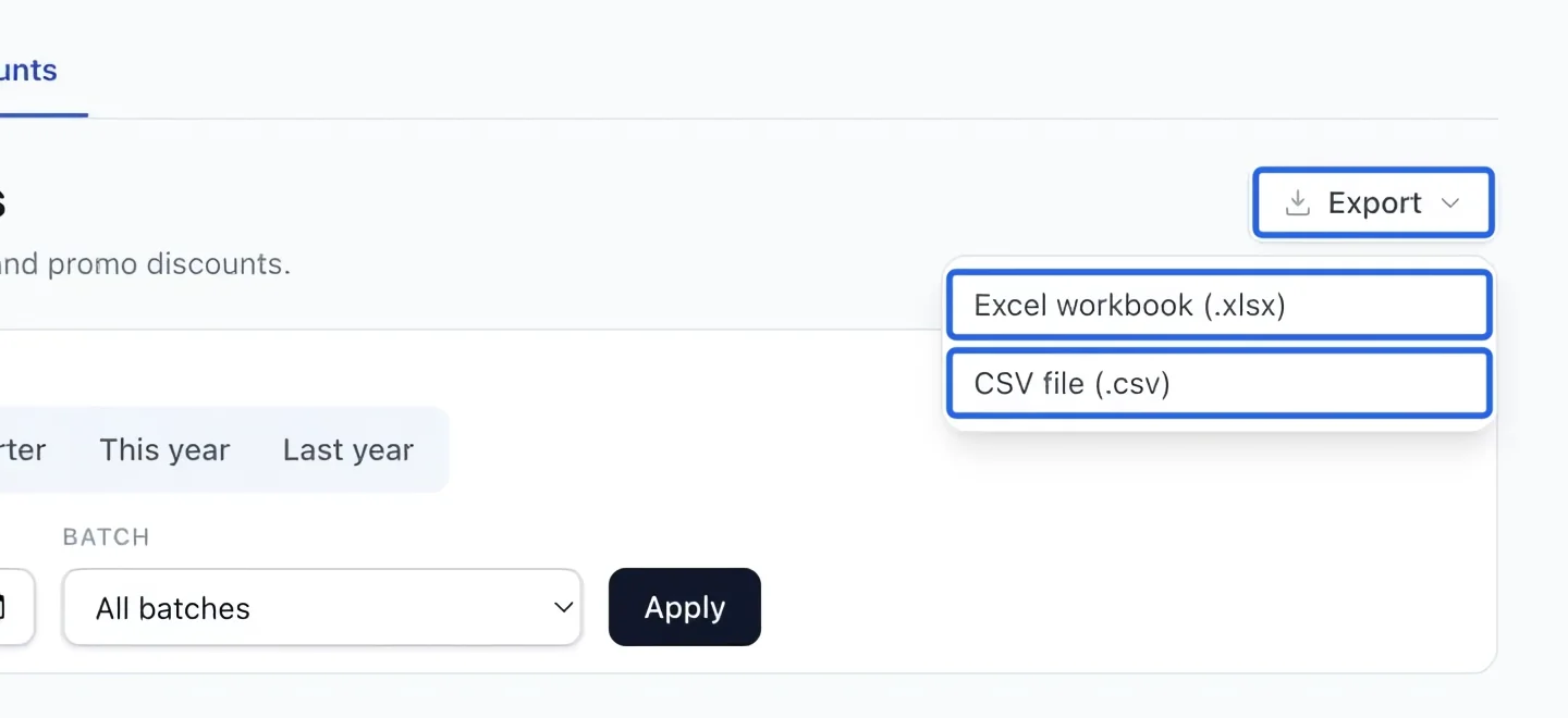 Screenshot: Export the filtered report. The blue outlines identify the controls described in this step.