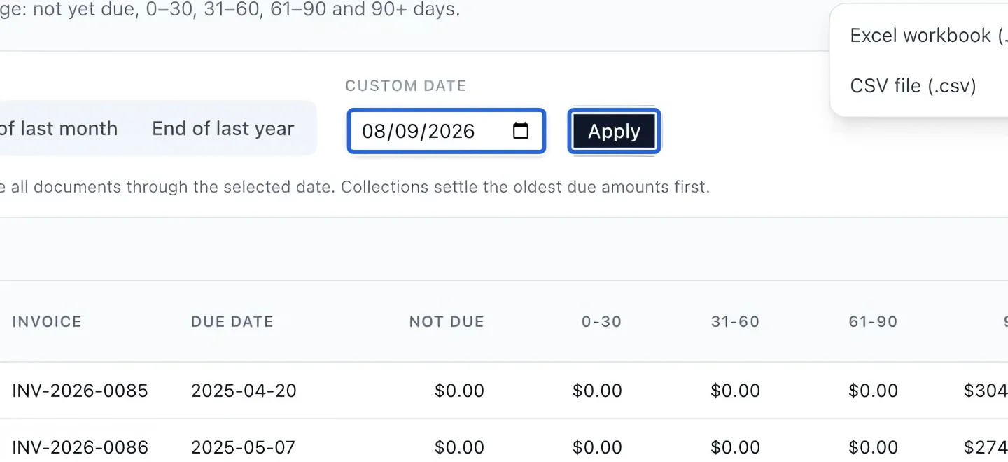 Screenshot: Choose the balance date. The blue outlines identify the controls described in this step.