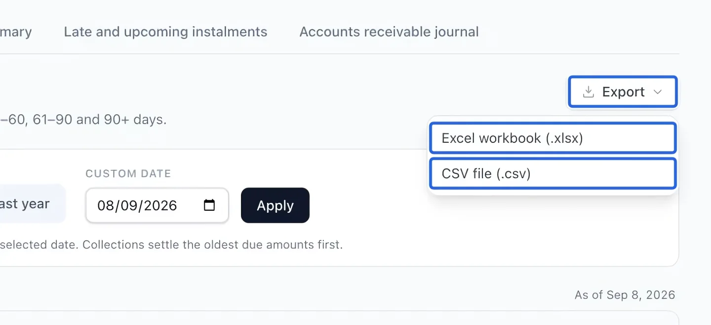 Screenshot: Export the filtered report. The blue outlines identify the controls described in this step.