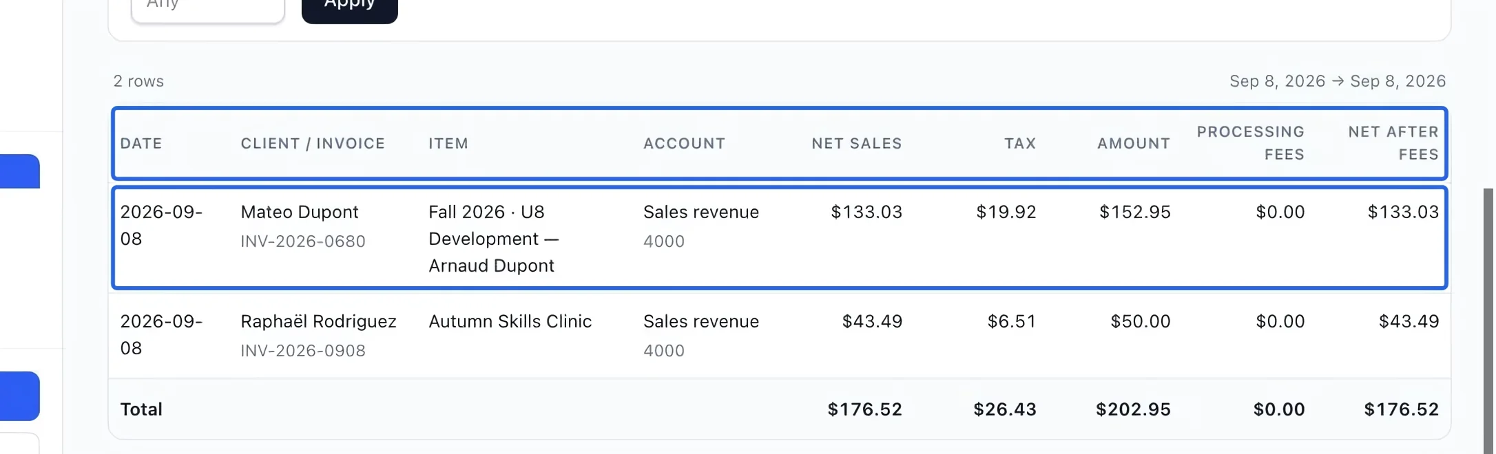 Screenshot: Separate net sales, tax and fees. The blue outlines identify the controls described in this step.