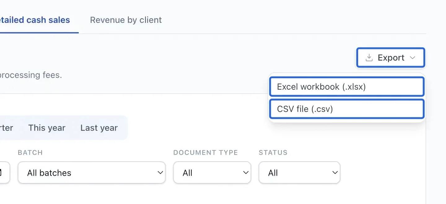 Screenshot: Export the filtered report. The blue outlines identify the controls described in this step.