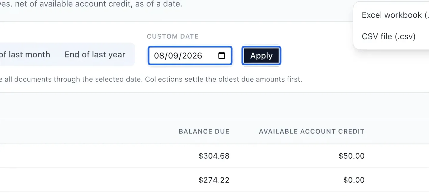 Screenshot: Choose the balance date. The blue outlines identify the controls described in this step.
