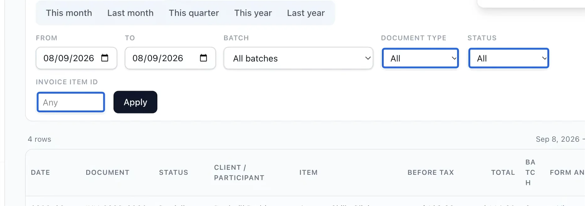 Screenshot: Filter the document register. The blue outlines identify the controls described in this step.