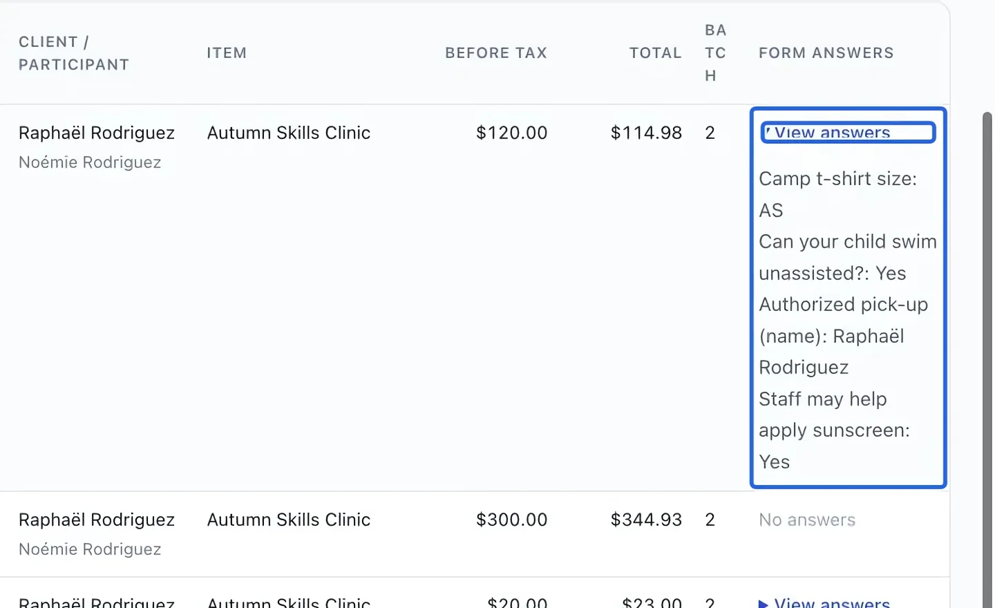 Screenshot: Open the saved registration answers. The blue outlines identify the controls described in this step.