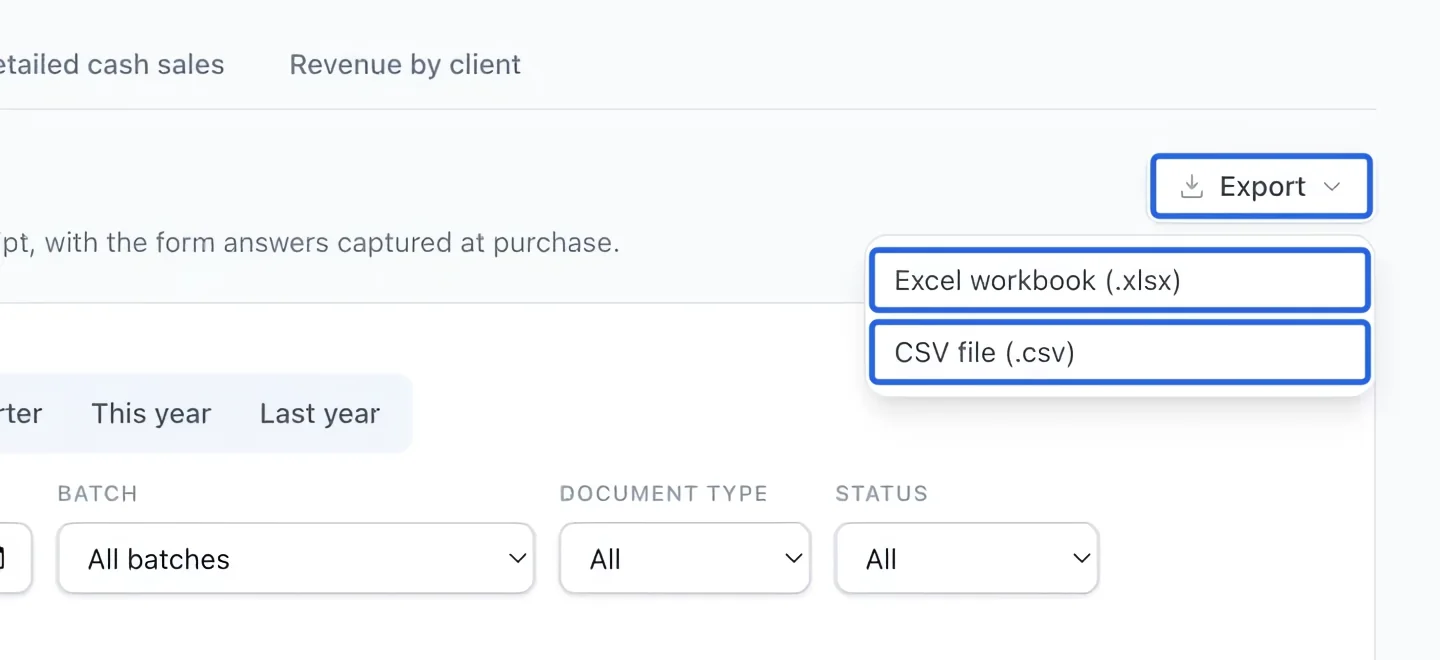 Screenshot: Export the filtered report. The blue outlines identify the controls described in this step.