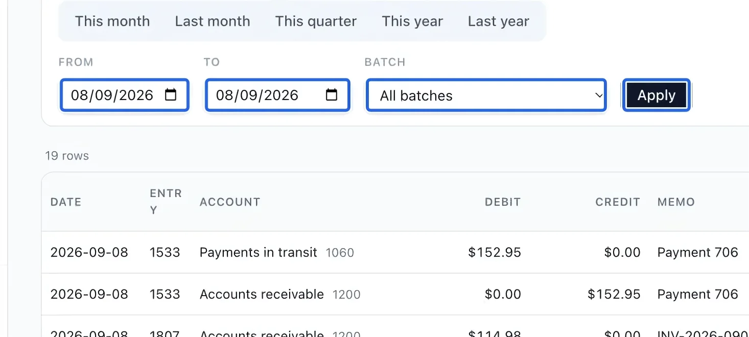 Screenshot: Choose the report period. The blue outlines identify the controls described in this step.