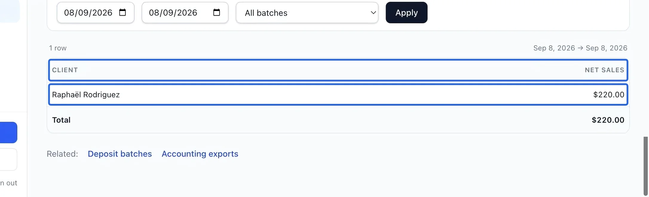 Screenshot: Compare client net sales. The blue outlines identify the controls described in this step.