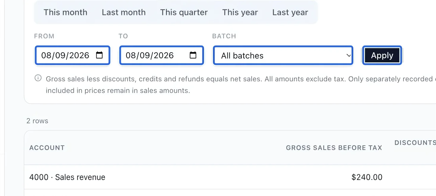 Screenshot: Choose the report period. The blue outlines identify the controls described in this step.