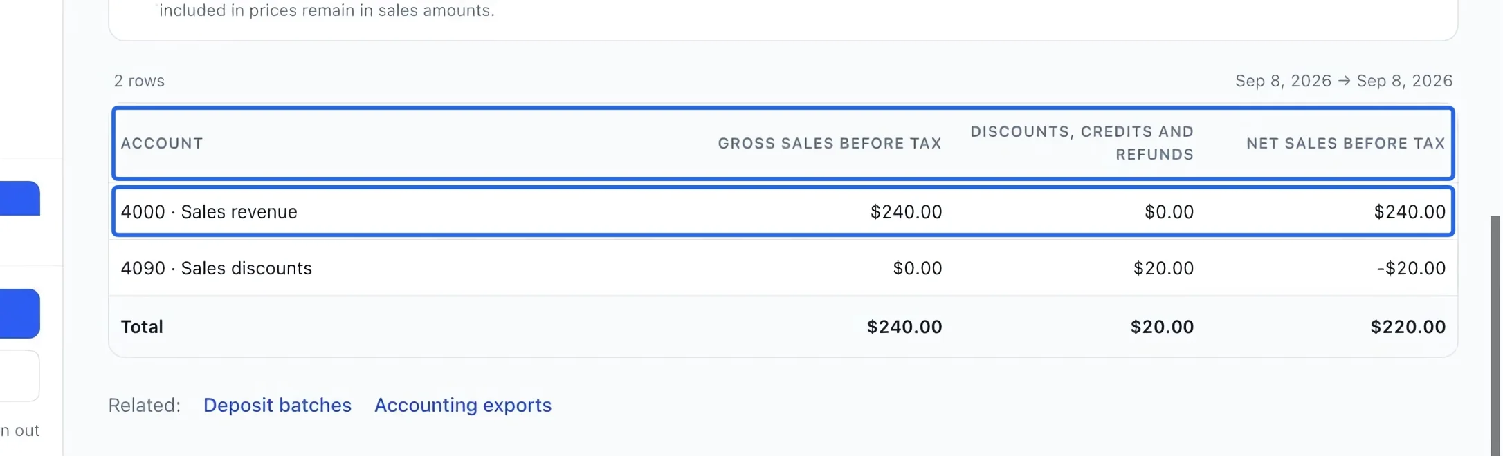 Screenshot: Reconcile gross sales to net sales. The blue outlines identify the controls described in this step.