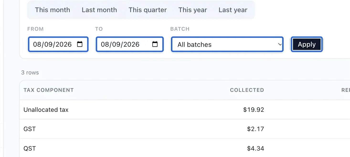 Screenshot: Choose the report period. The blue outlines identify the controls described in this step.