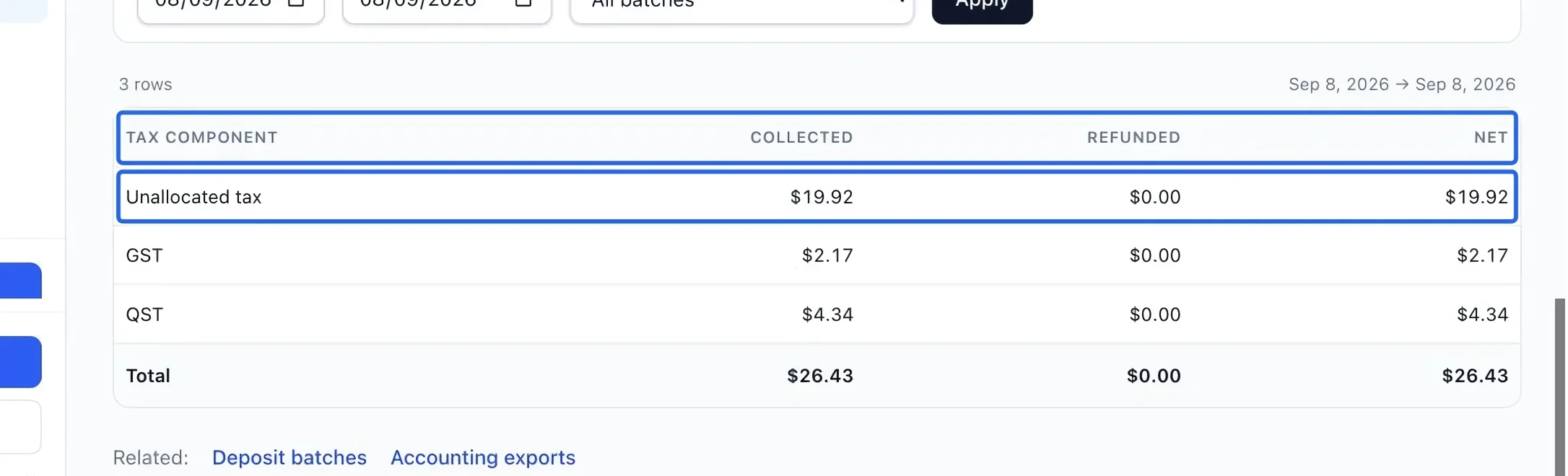 Screenshot: Read cash-settled tax by component. The blue outlines identify the controls described in this step.