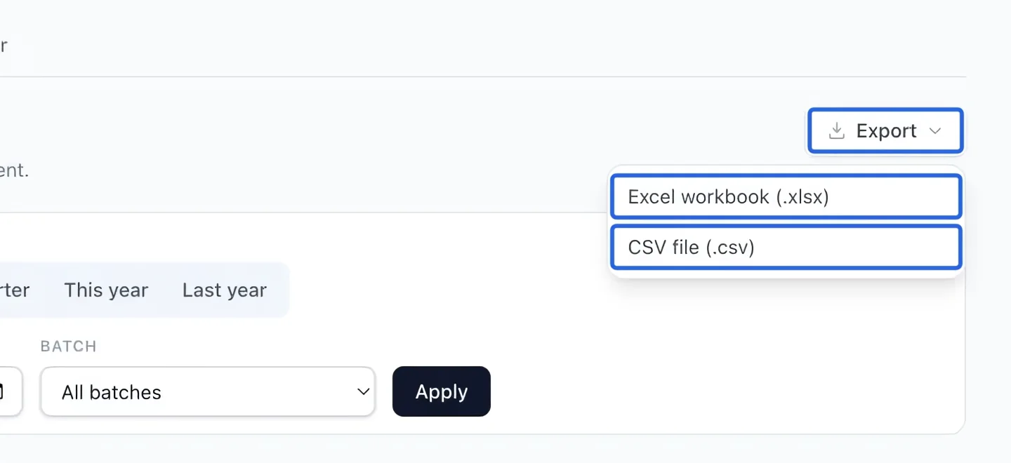 Screenshot: Export the filtered report. The blue outlines identify the controls described in this step.